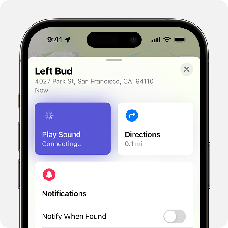 Kui kõrvaklapid AirPods on lähedal, puudutage valikut Play Sound (Esita heli) ja kuulake piiksumist.