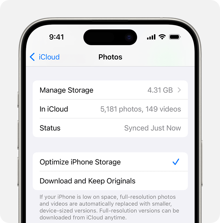 You can choose Optimize [device] storage or Download and Keep Originals.