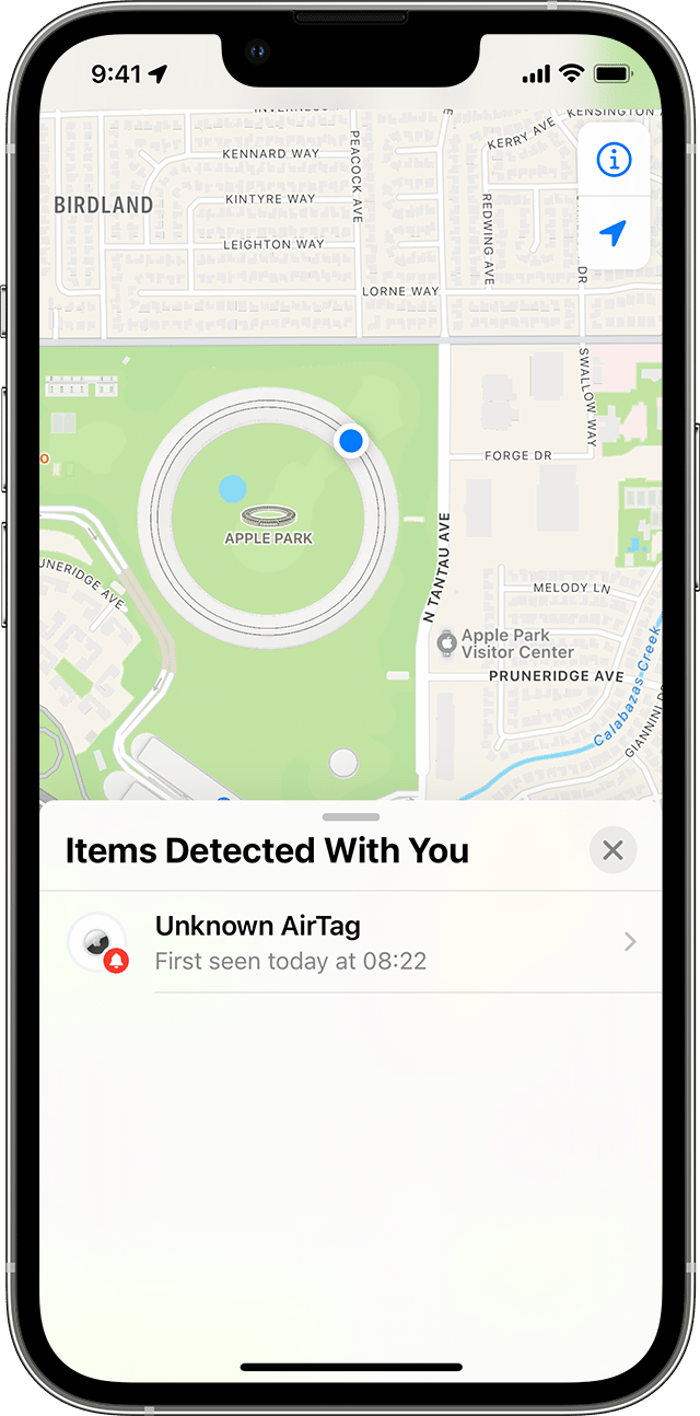 나의 찾기 앱의 지도에 표시된 알 수 없는 AirTag