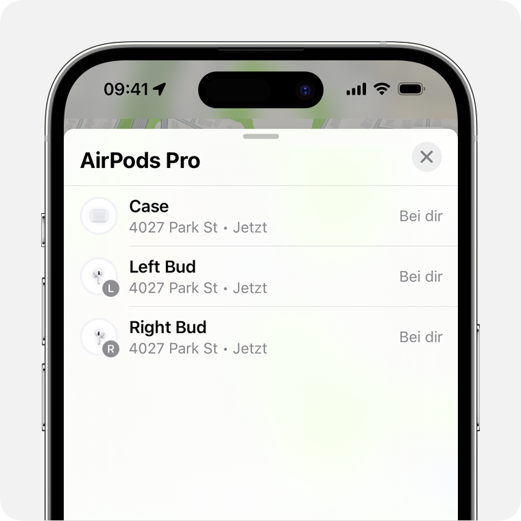 Wenn deine AirPods voneinander getrennt sind, wähle den Kopfhörer, den du finden möchtest.