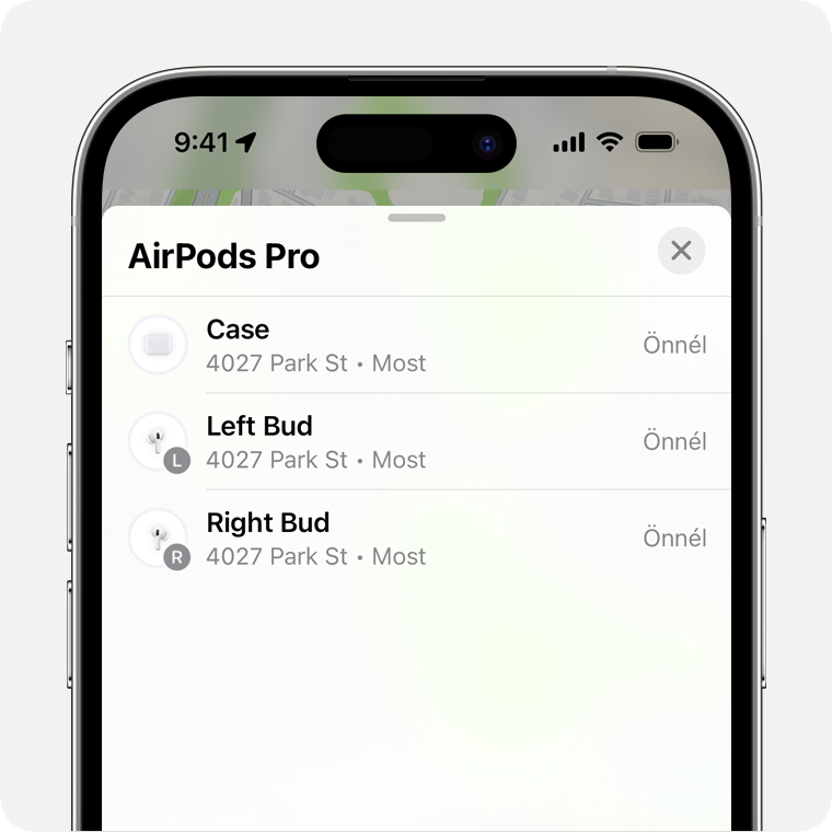 Ha az AirPods nincs a tokjában, válassza ki, hogy melyik fülhallhatót szeretné megtalálni.