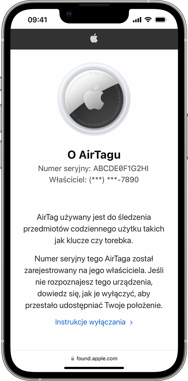 Informacje o tym AirTagu na iPhonie