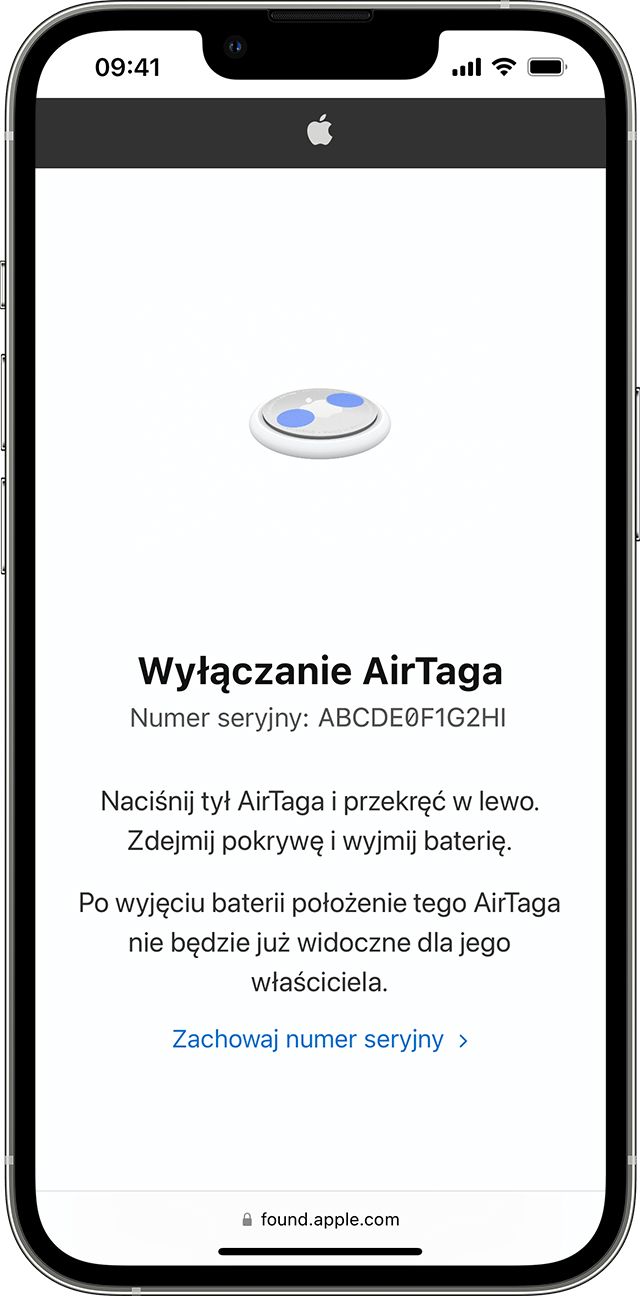 Instrukcje na temat wyłączania AirTaga