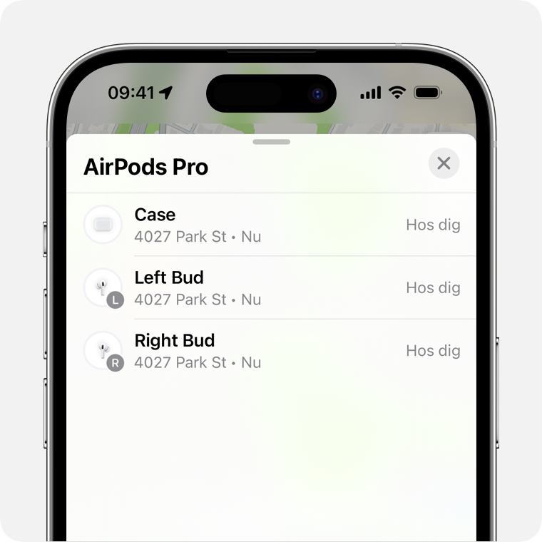 Om dina AirPods-snäckor finns på olika platser väljer du vilken öronsnäcka du vill hitta.