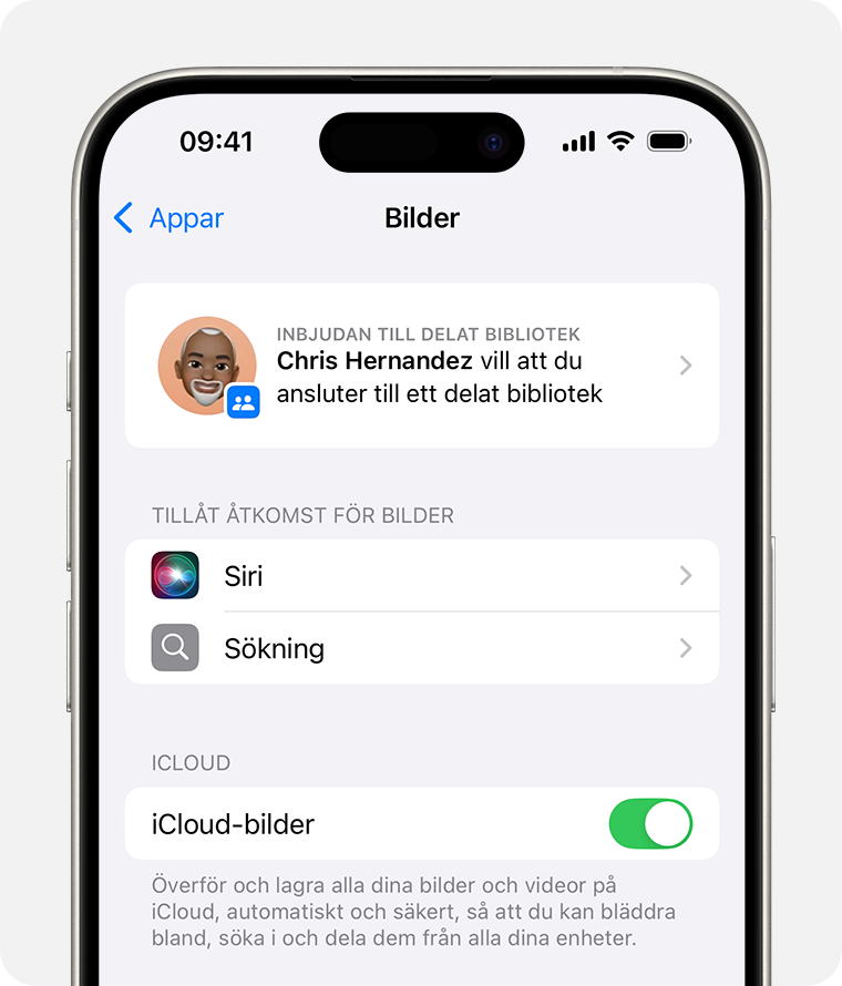 Om du har en inbjudan till ett delat bibliotek finns den i avsnittet Foton i enhetens inställningar. 