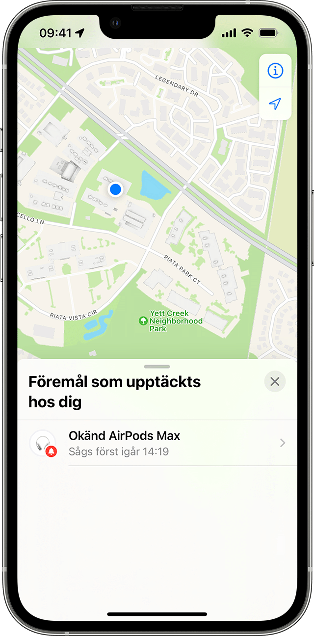 Okänd AirTag på kartan i appen Hitta