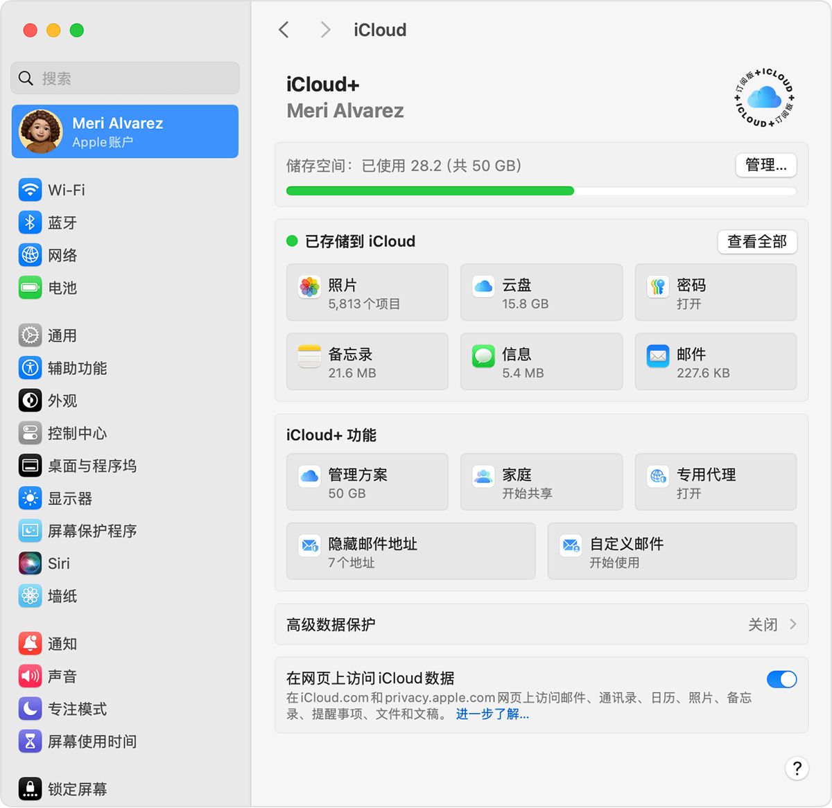 Mac 屏幕上显示了 iCloud 设置。“查看全部”在“已存储到 iCloud”的旁边。