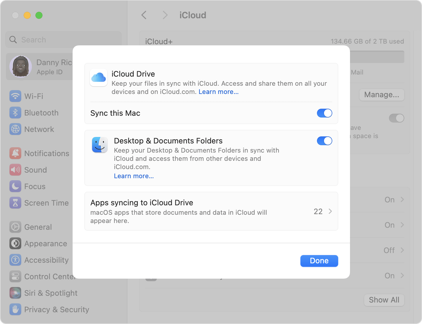 Mac screen showing iCloud Drive and Desktop & Documents Folders turned on 