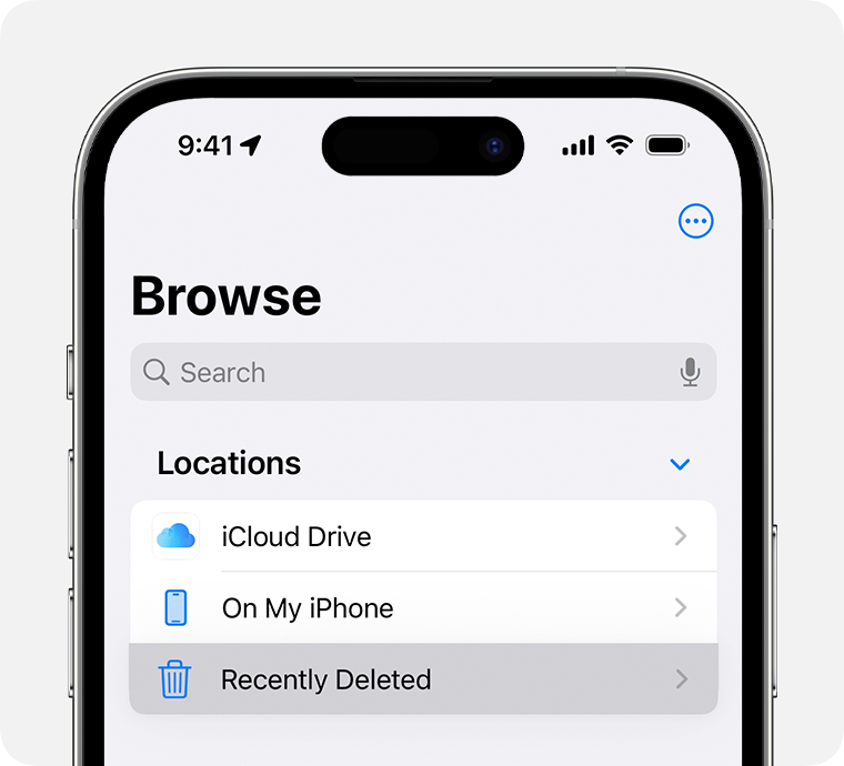 An iPhone showing the Locations options in Browse, highlighting Recently Deleted.