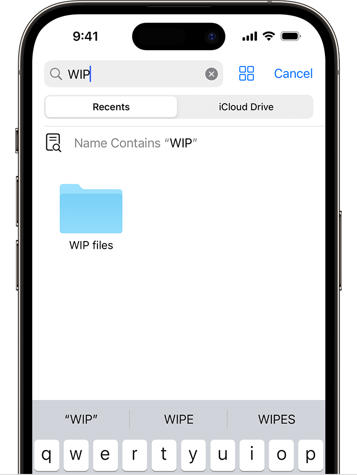 An image of the Files app on iPhone showing a search for "WIP" and a "WIP files" folder icon onscreen below. 