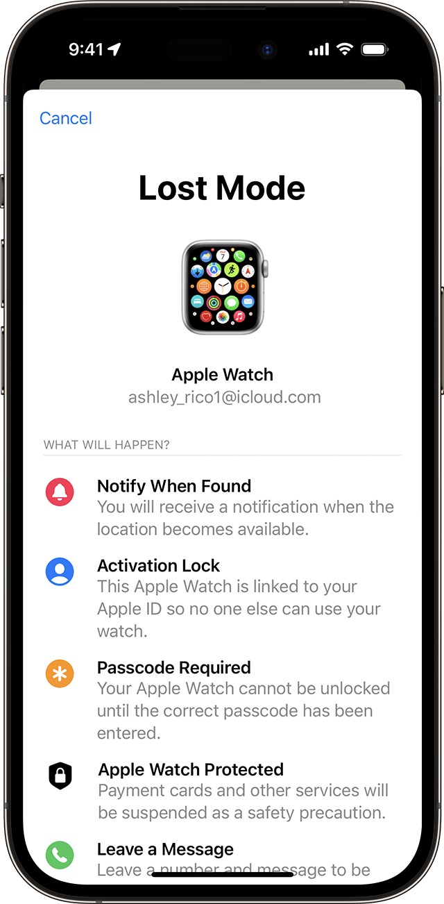 On iPhone, turn on Lost Mode for your Apple Watch.