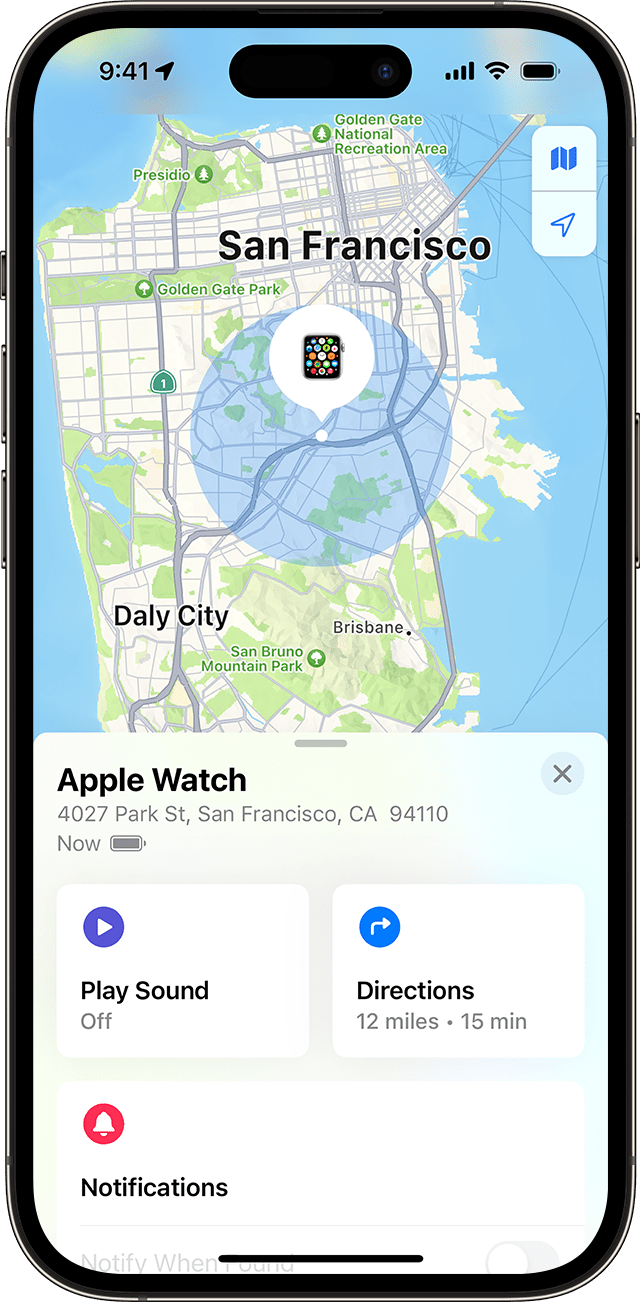 Find My shows the approximate location of your Apple Watch on a map