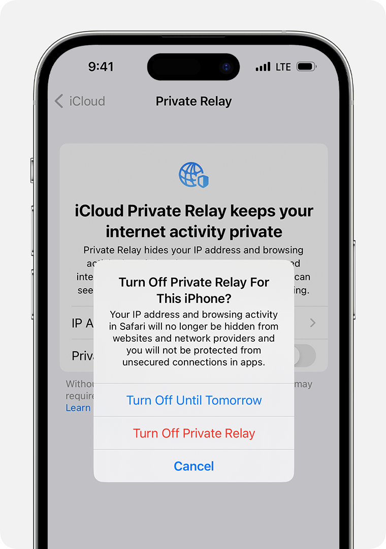 When you turn Private Relay off on your iPhone, you’ll get an alert that tells you that your IP address and browsing activity in Safari will no longer be hidden.