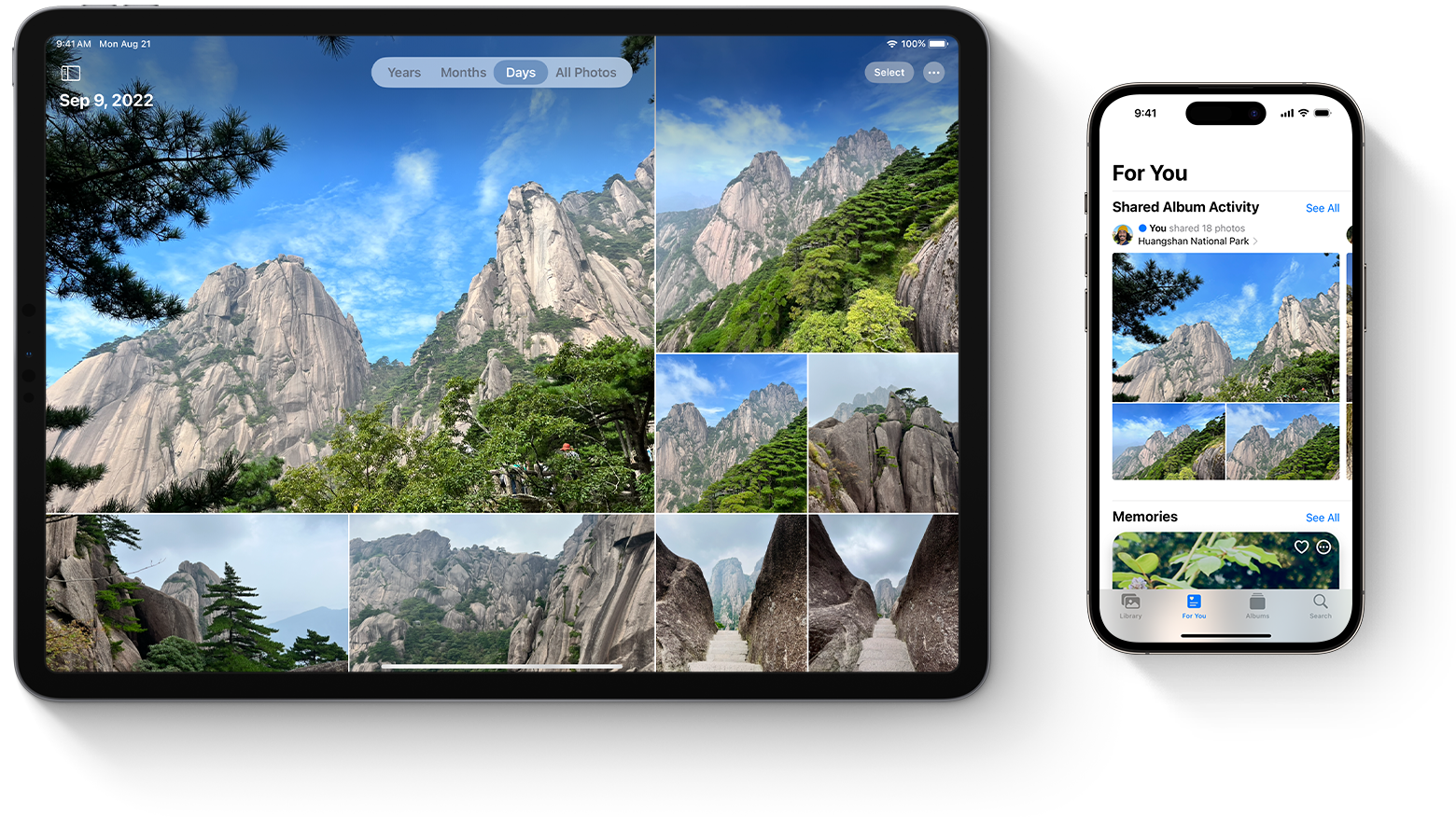 An iPad and iPhone with the Photos app displayed 