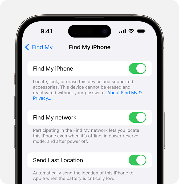 V nastavitvah naprave iPhone lahko vklopiš funkcijo »Find My« (Najdi moj) in »Find My Network« (Omrežje Najdi moj).