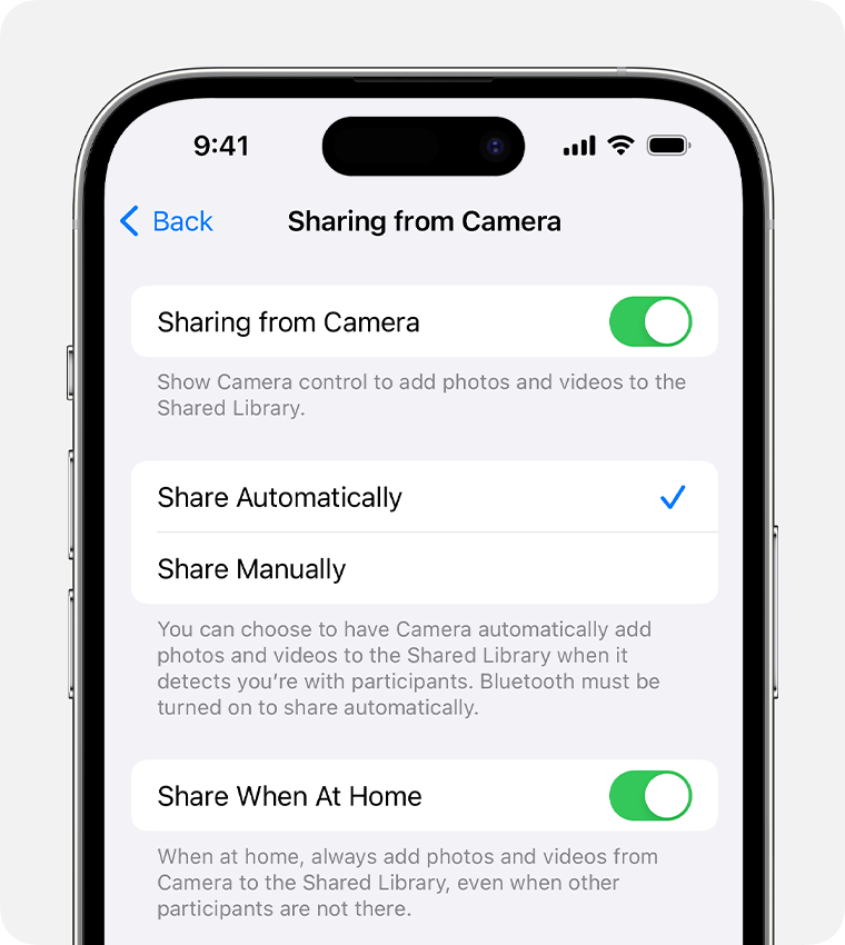 To add a button in the Camera app to share photos and videos to your Shared Library, turn on Sharing from Camera.