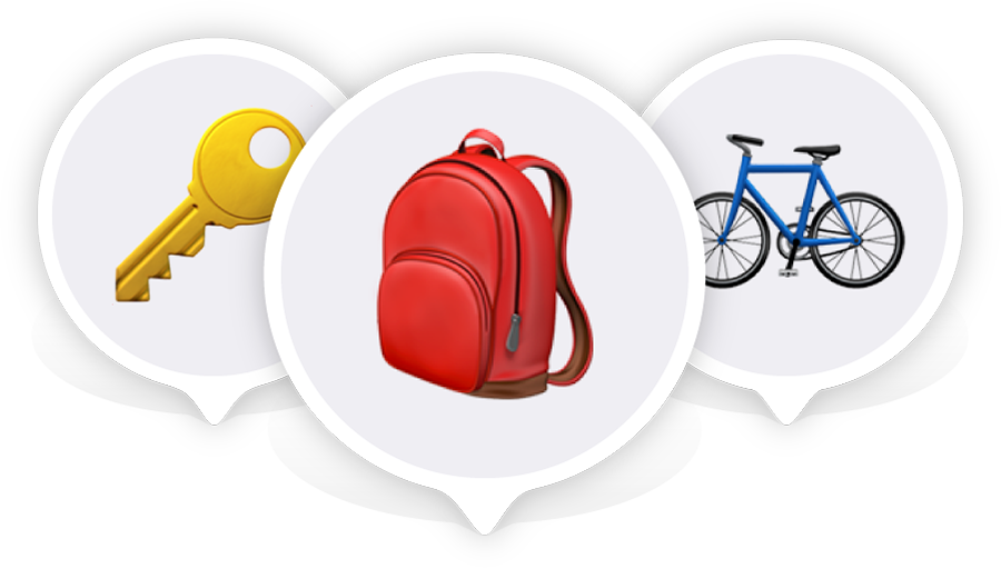 Een sleutel-emoji, een rugzak-emoji en een fiets-emoji, elk in een locatiespeld.