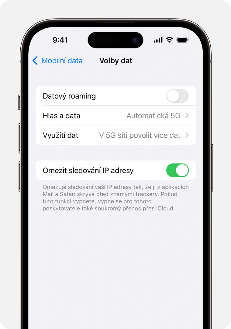 Vypněte Soukromý přenos pro konkrétní mobilní síť v Nastavení na iPhonu