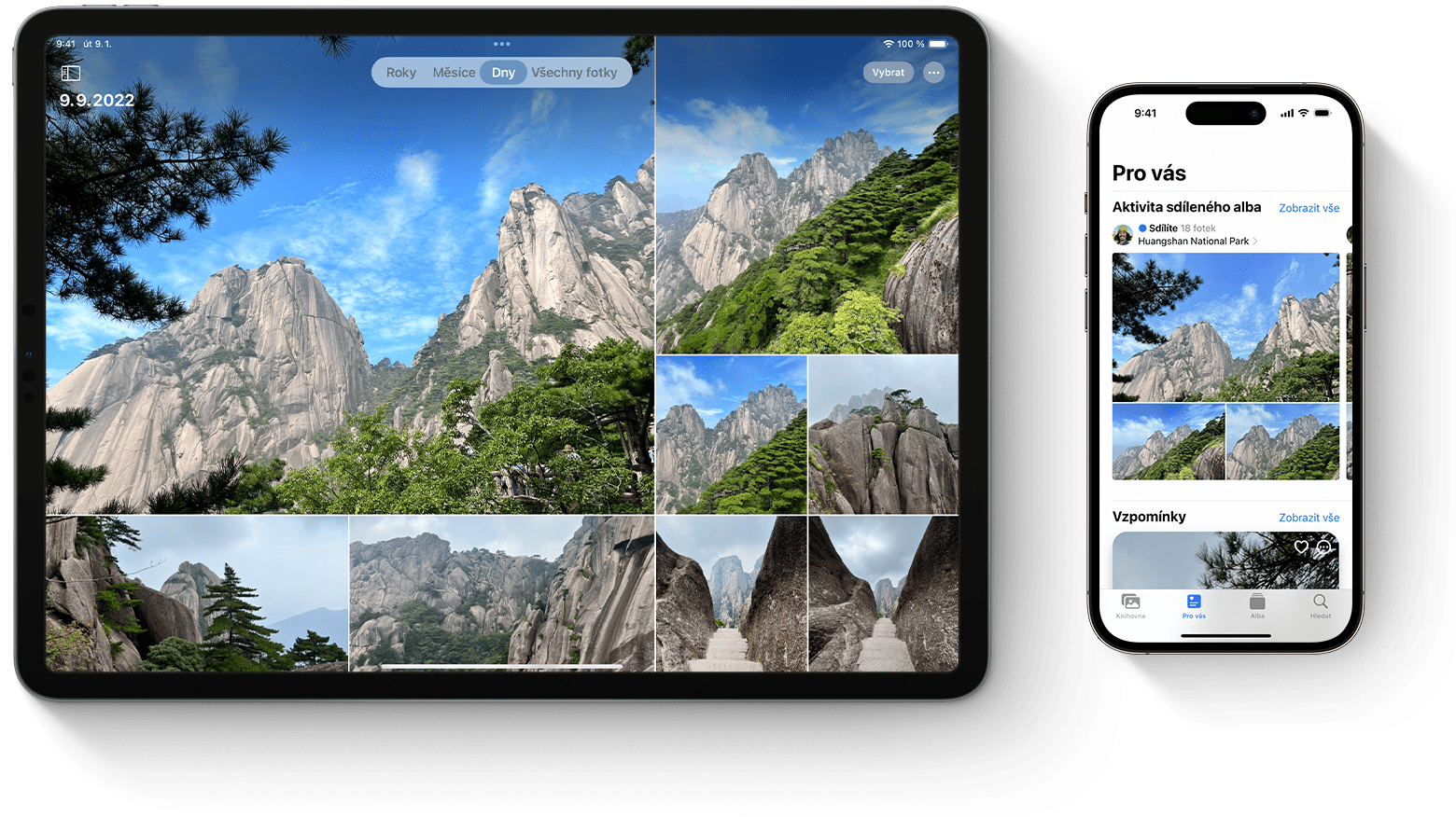 iPad a iPhone se zobrazenou aplikací Fotky