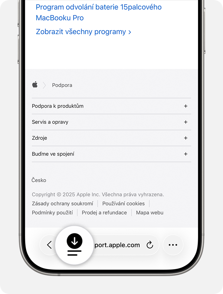 Po stažení souboru v Safari se vedle vyhledávacího pole zobrazí tlačítko Stahování.