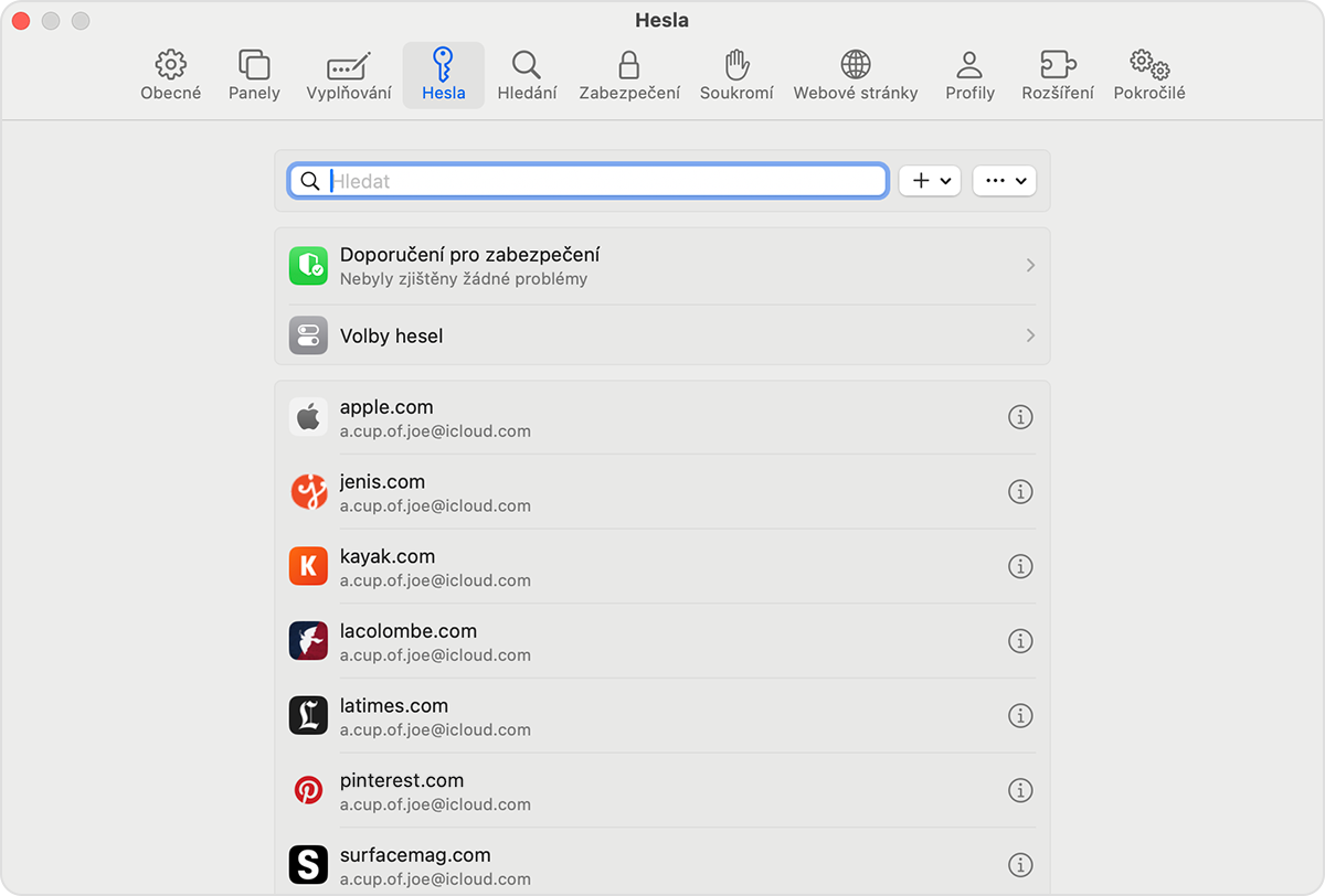 Na Macu si můžete zobrazit uložená hesla a přístupové klíče v Nastavení Safari.