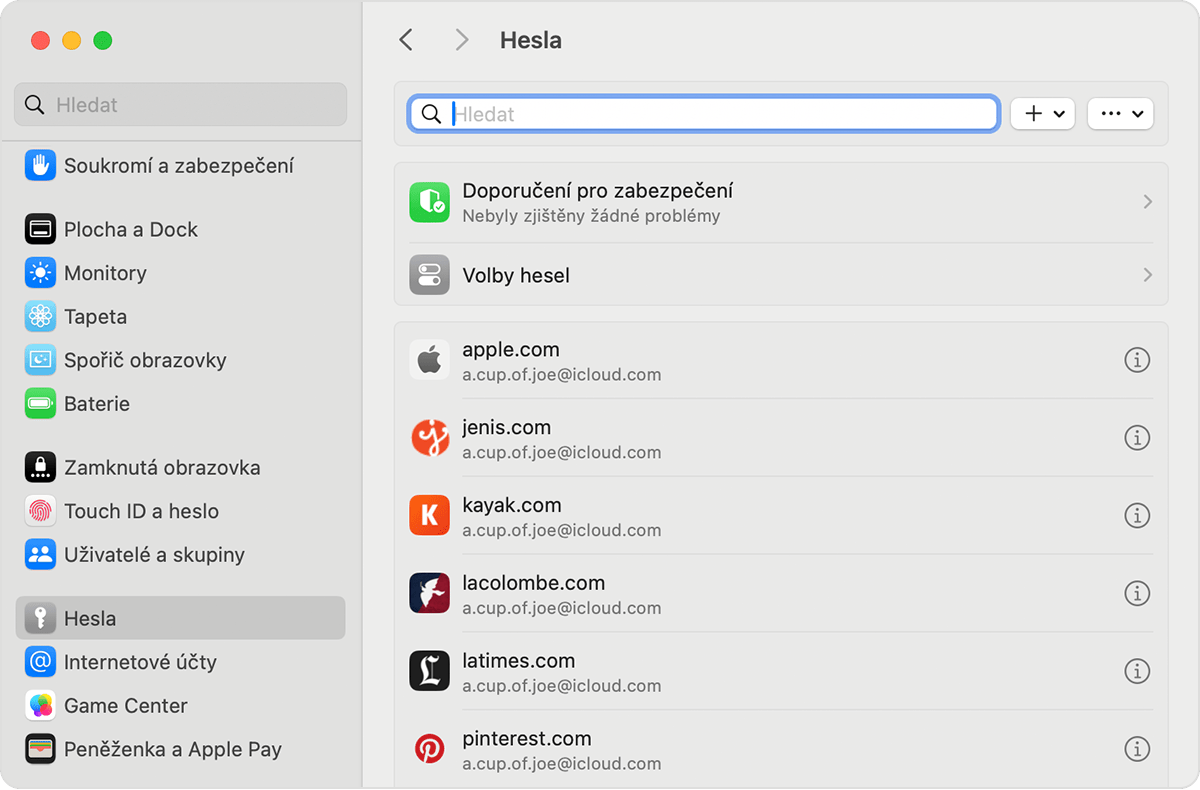 Uložená hesla a přístupové klíče najdete na Macu v Nastavení.
