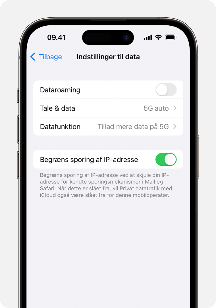 Slå Privat datatrafik fra for et specifikt mobilnetværk i Indstillinger på iPhone