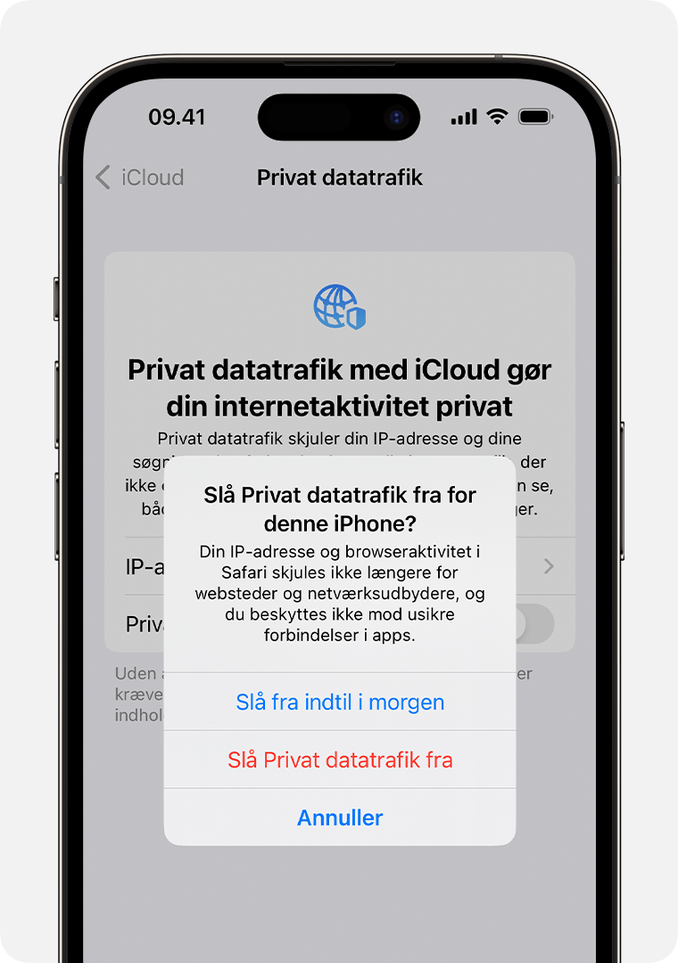 Når du slår Privat datatrafik fra på din iPhone, får du en advarsel om, at din IP-adresse og browseraktivitet i Safari ikke længere vil være skjult.