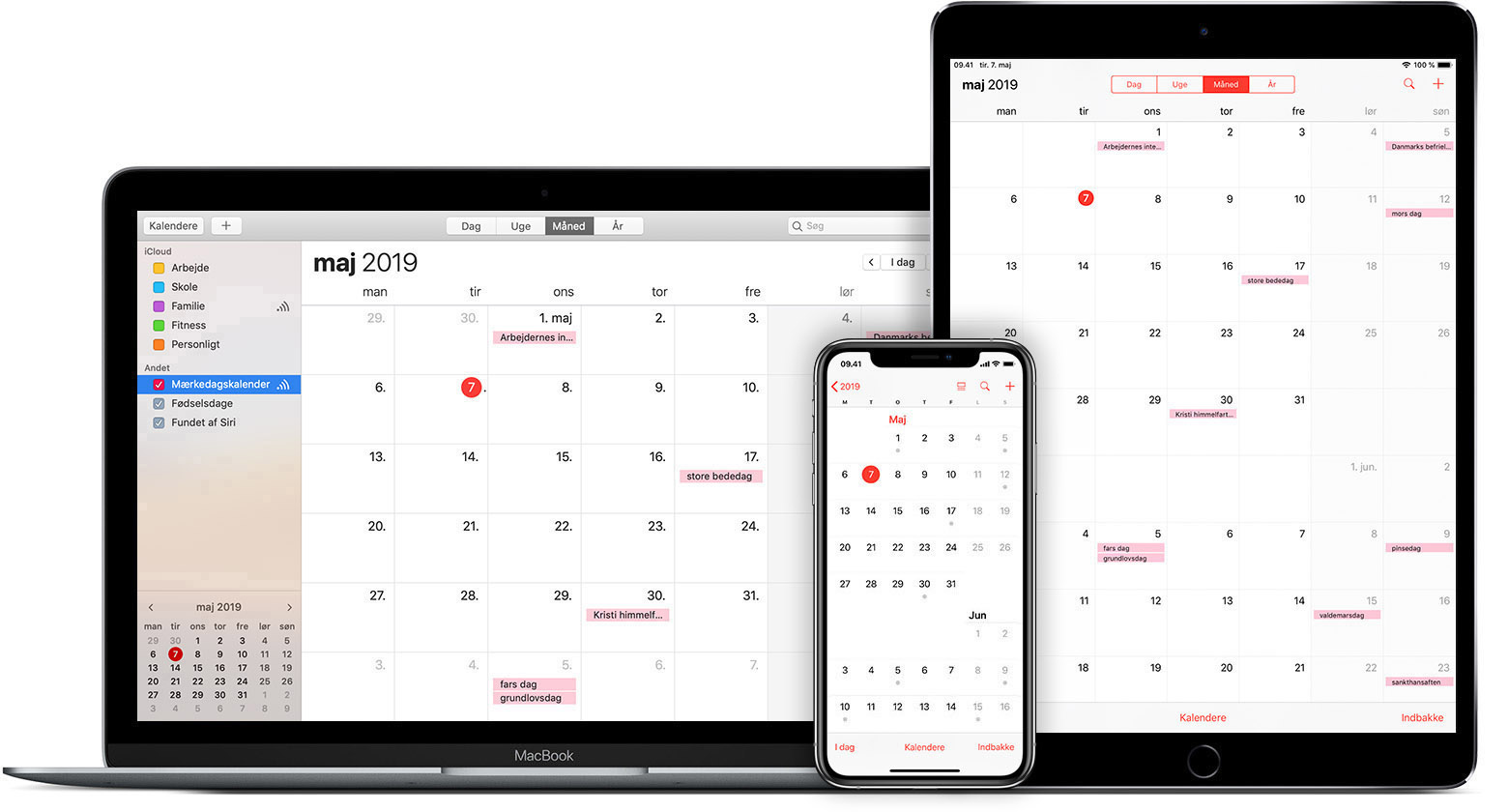 Mac, iPad og iPhone, der viser iCloud-kalender
