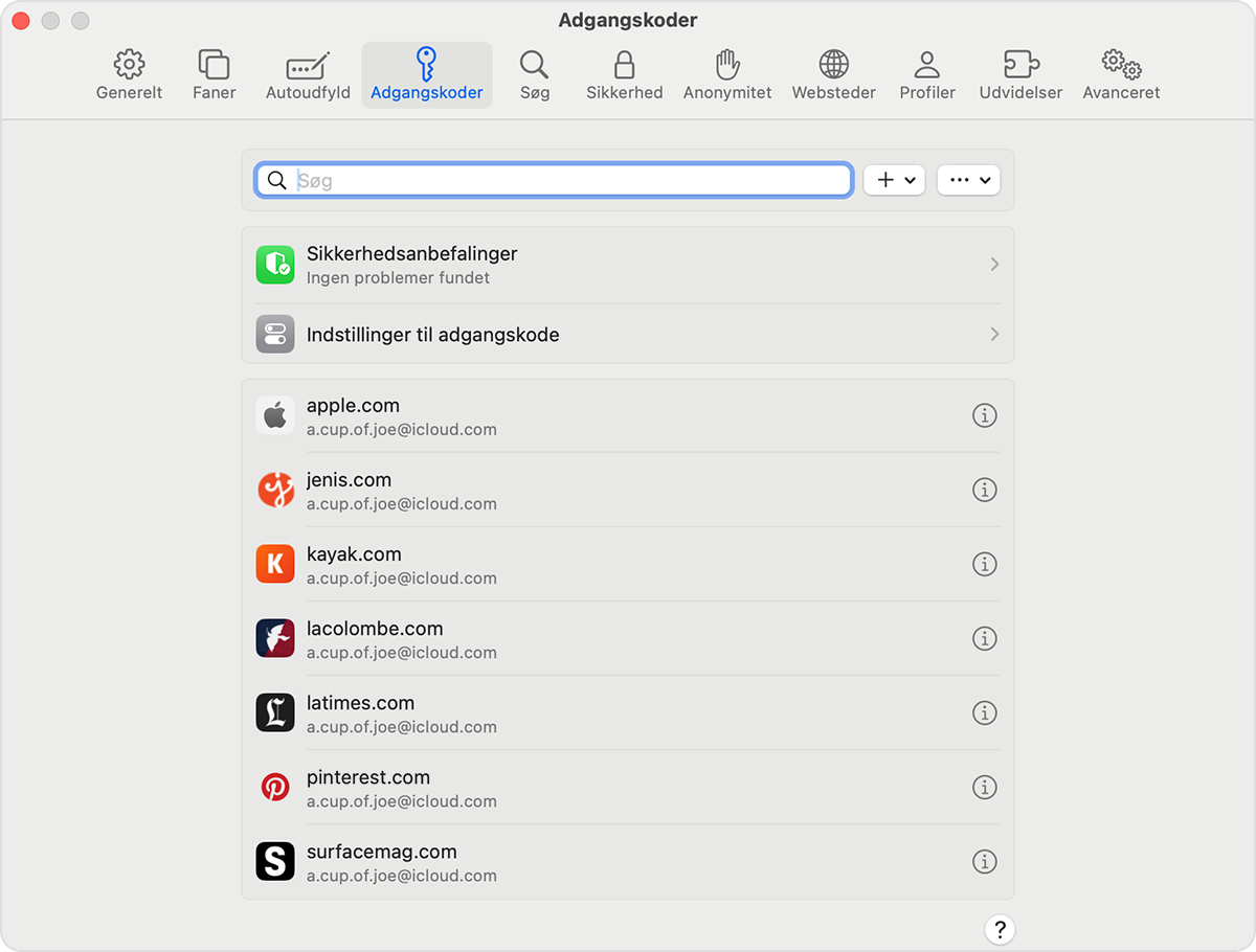 På din Mac kan du se gemte adgangskoder og loginnøgler i Safari-indstillinger.