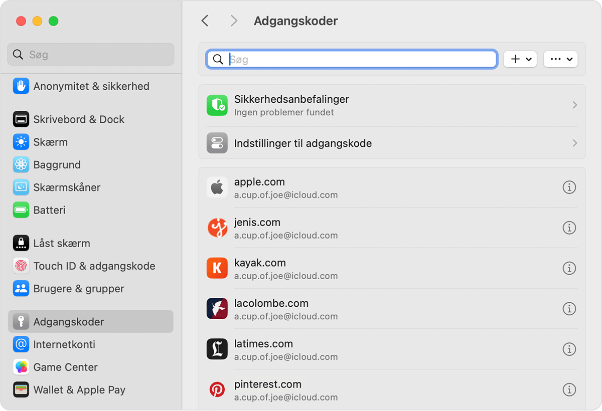 Du kan finde dine gemte adgangskoder og loginnøgler i Indstillinger på Mac.