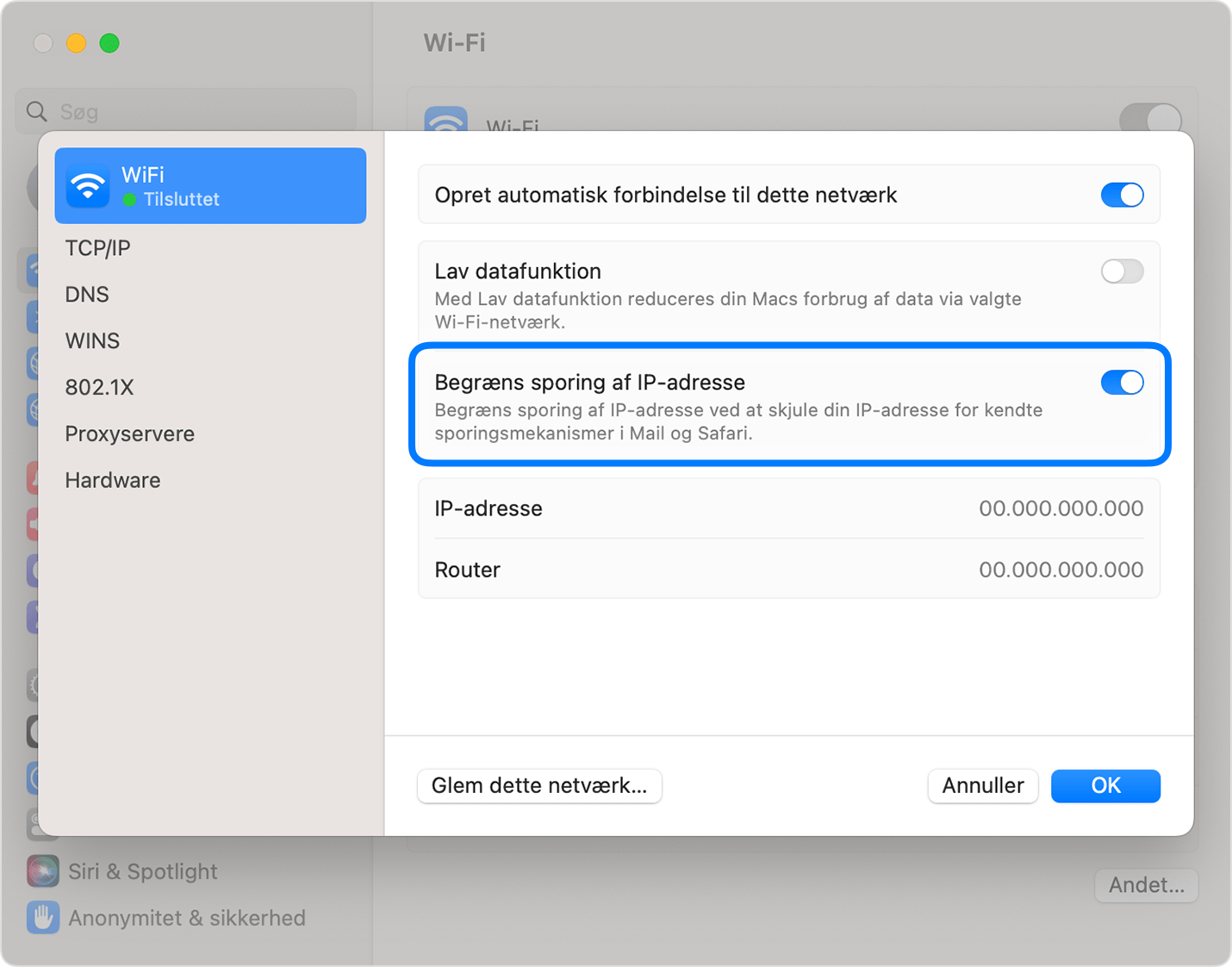Slå Privat datatrafik fra for et specifikt Wi-Fi-netværk på din Mac