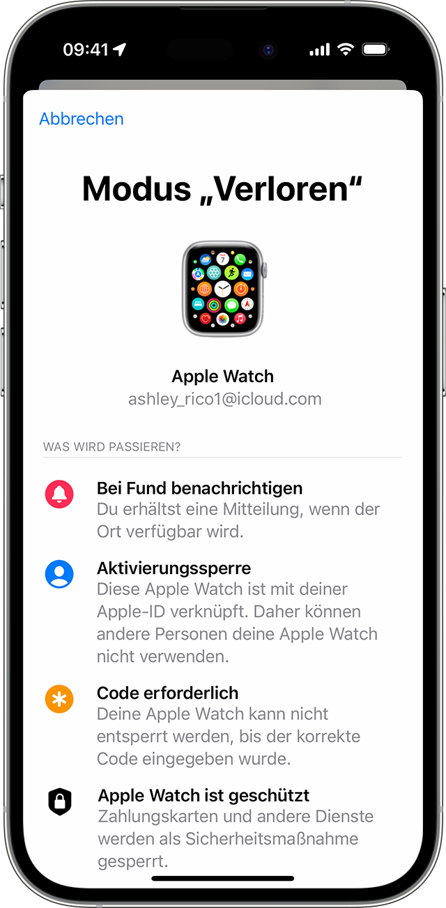 Aktiviere auf deinem iPhone den Modus „Verloren“ für deine Apple Watch.