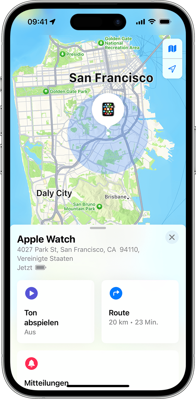 „Wo ist?“ zeigt den ungefähren Standort deiner Apple Watch auf einer Karte