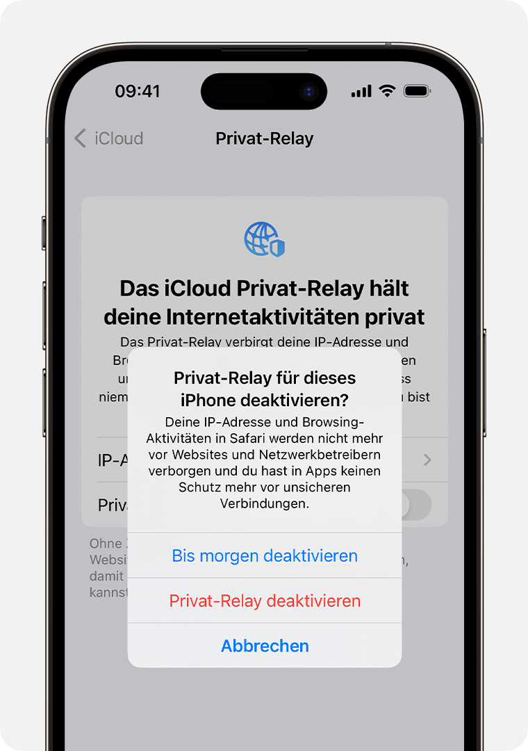 Wenn du Privat-Relay auf deinem iPhone deaktivierst, erhältst du eine Warnmeldung, die dich darüber informiert, dass deine IP-Adresse und deine Surfaktivitäten in Safari nicht mehr verdeckt sind.