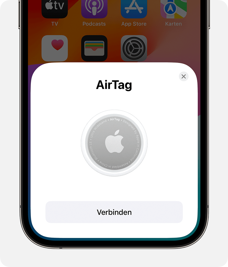Wenn du das AirTag neben dein iPhone oder iPad hältst, wird die Option angezeigt, eine Verbindung herzustellen. 