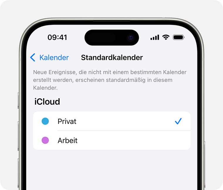 Ein iPhone-Bildschirm, auf dem „Privat“ als Standardkalender ausgewählt ist.