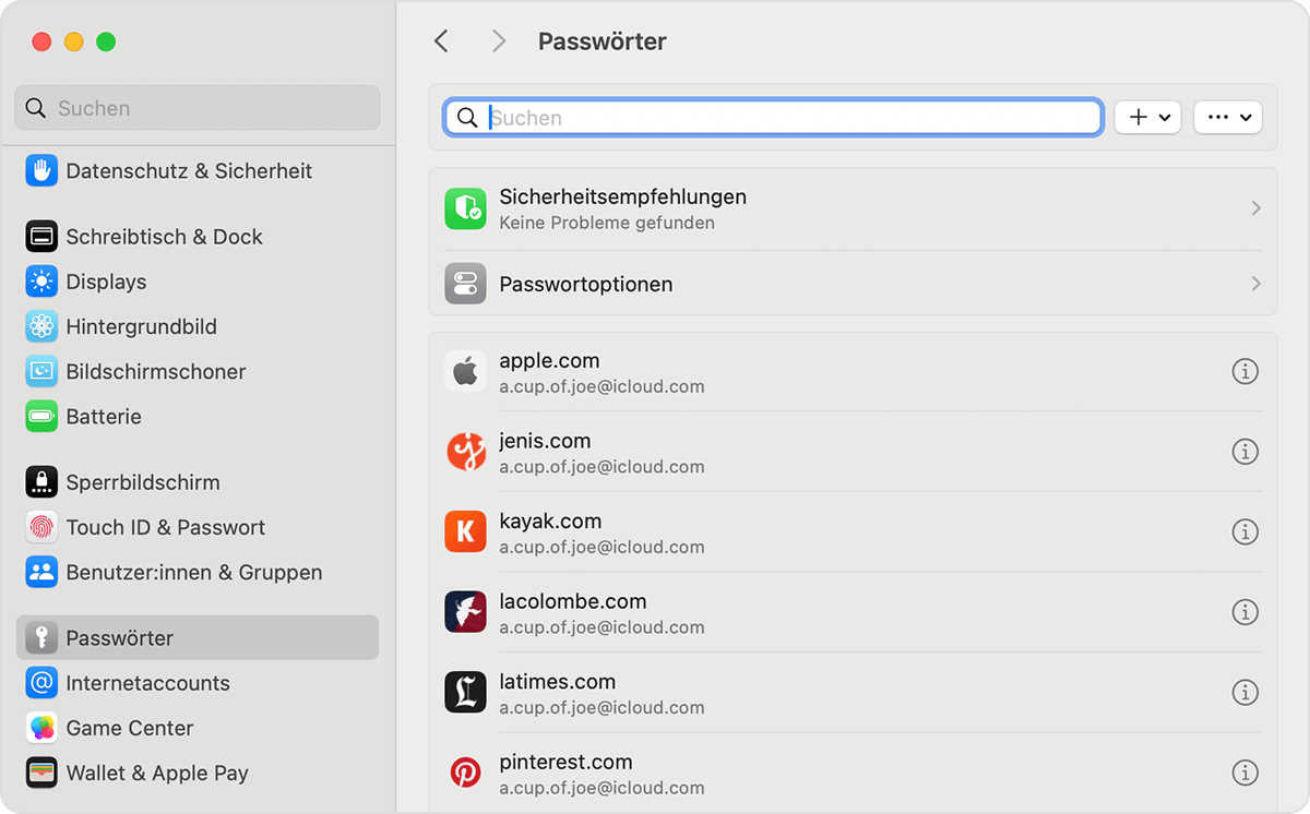 Du findest deine gespeicherten Passwörter und Passkeys unter „Einstellungen“ auf dem Mac.