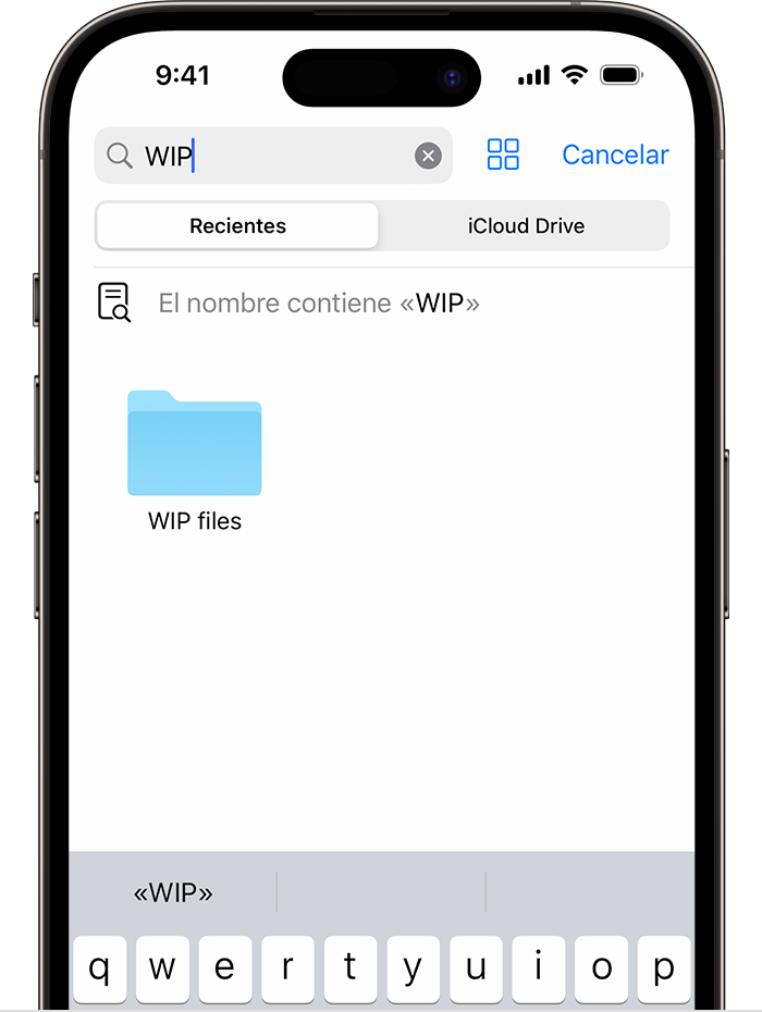 Imagen de la app Archivos en un iPhone que muestra una búsqueda de "WIP" y un icono de carpeta "Archivos WIP" abajo en la pantalla. 