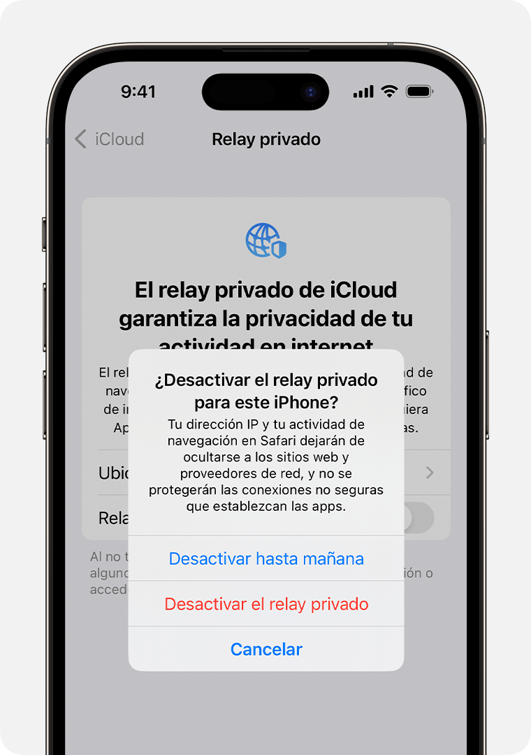 Cuando desactivas Relay privado en tu iPhone, recibes una alerta que te dice que tu dirección IP y tu actividad de navegación en Safari ya no estarán ocultas.