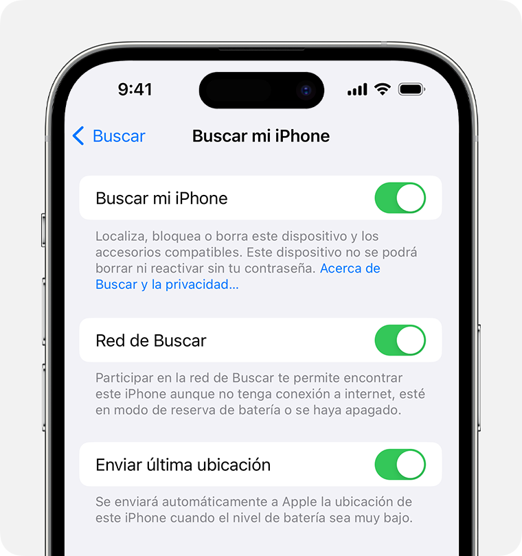 En la configuración del iPhone, puedes activar Buscar y la red de Buscar.