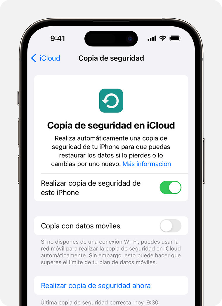 Usa la opción de copia de seguridad en iCloud para hacer una copia de seguridad de los datos que aún no se han sincronizado con iCloud en el iPhone.