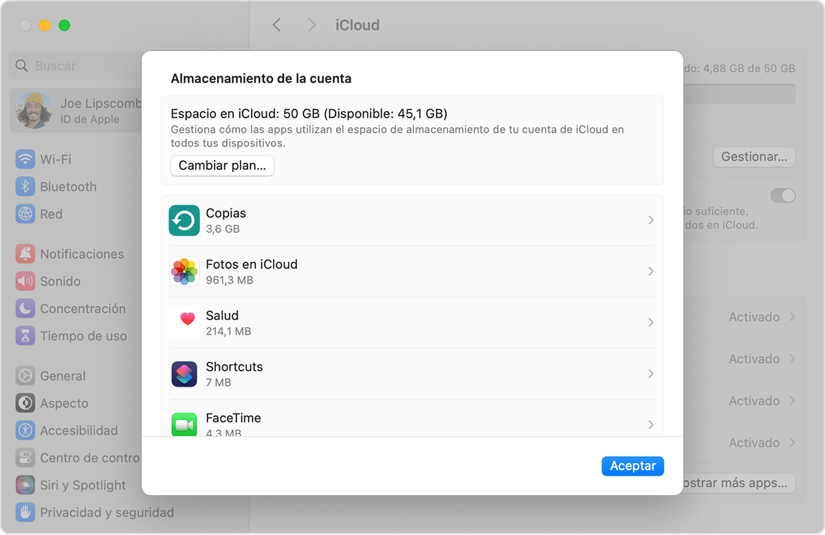 El botón Cambiar plan de almacenamiento está debajo del plan de almacenamiento de iCloud y el almacenamiento disponible.