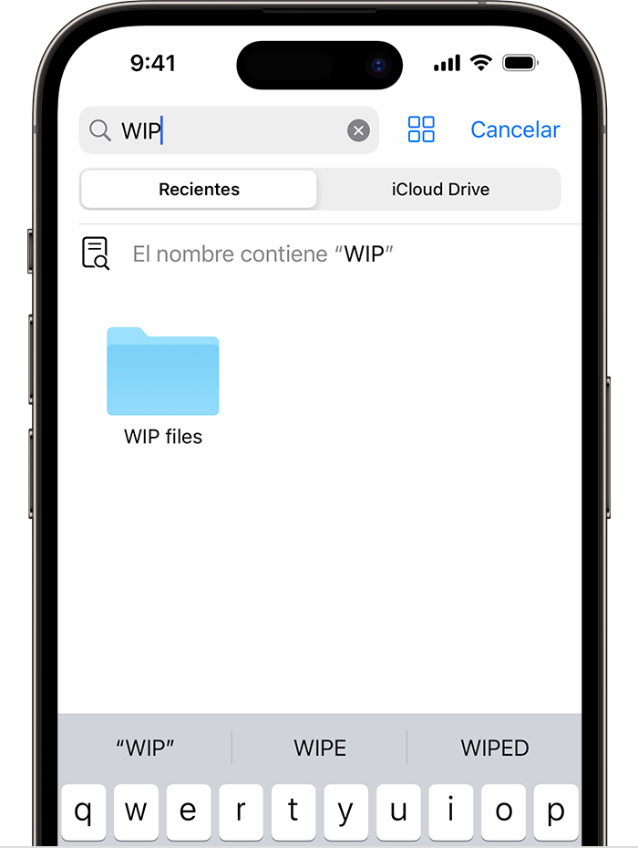 Una imagen de la app Archivos en el iPhone en la que se muestran una búsqueda de “WIP” y un ícono de la carpeta “WIP files” más abajo en la pantalla. 