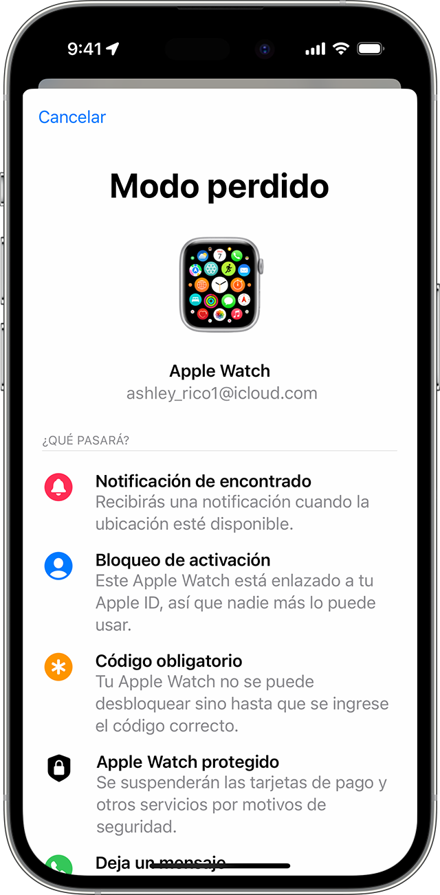 En el iPhone, activa el modo perdido para el Apple Watch.
