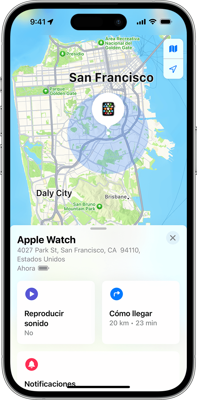 En la app Encontrar, se muestra la ubicación aproximada del Apple Watch en un mapa