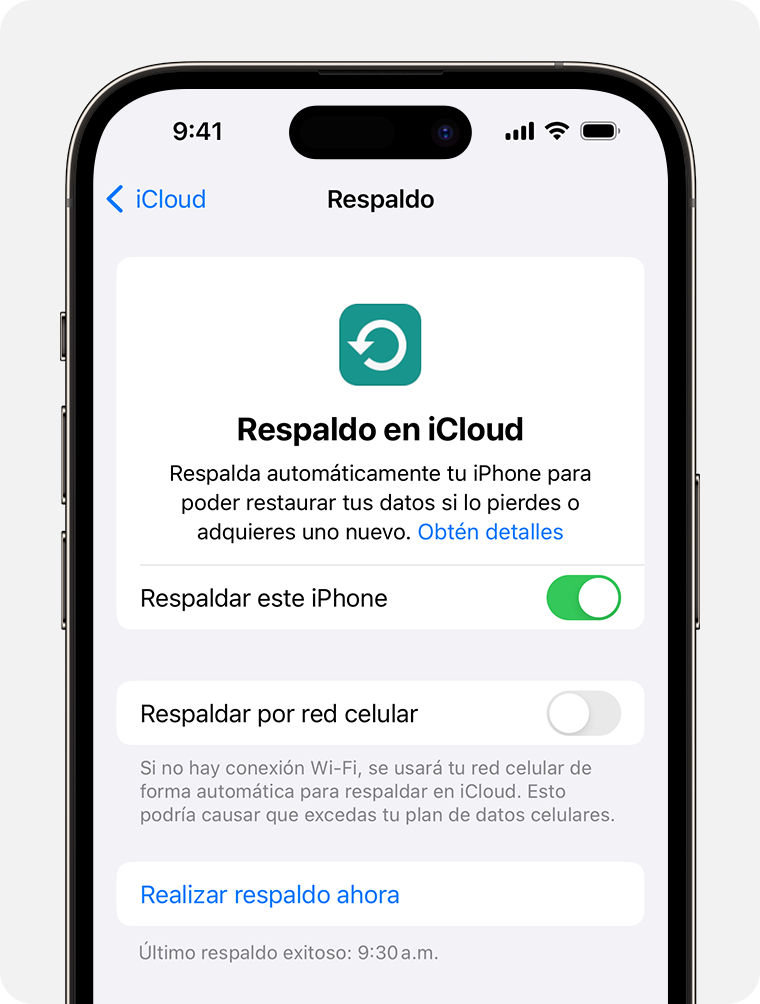 Usa el respaldo de iCloud para hacer un respaldo de los datos en tu iPhone que aún no se sincronizan con iCloud.