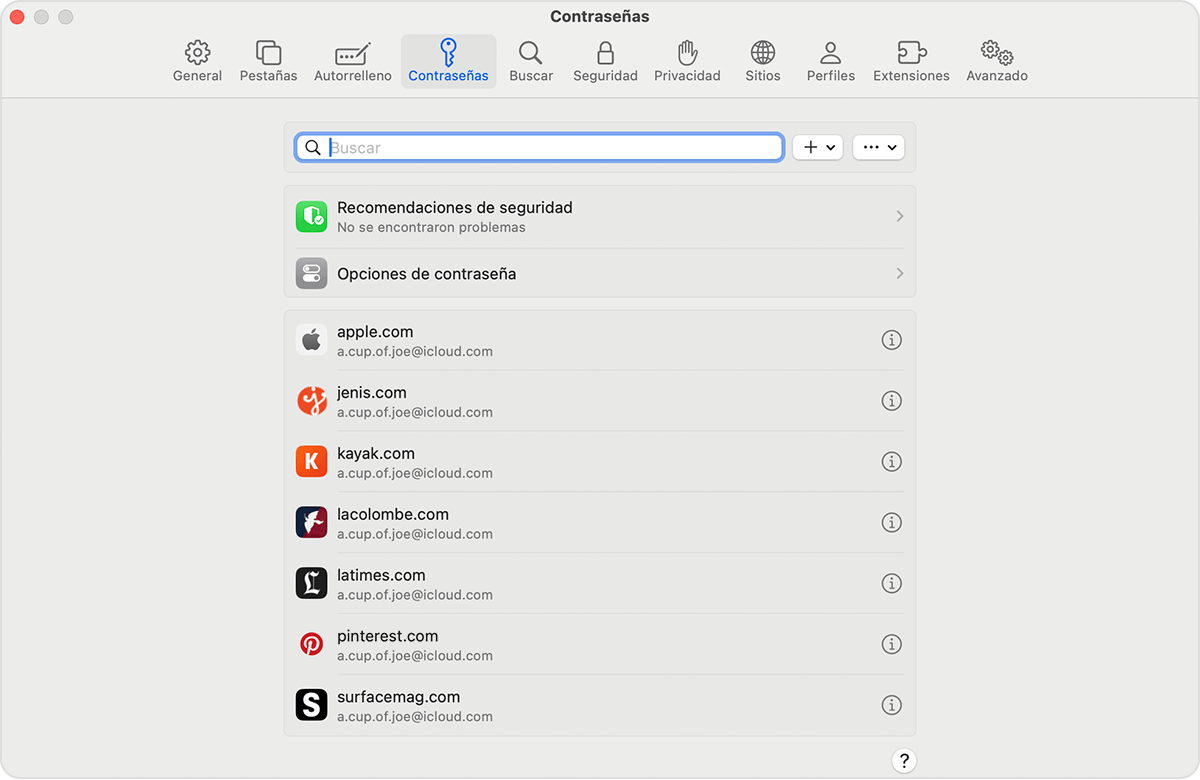 En la Mac, puedes ver las contraseñas y las llaves de acceso guardadas en la configuración de Safari.