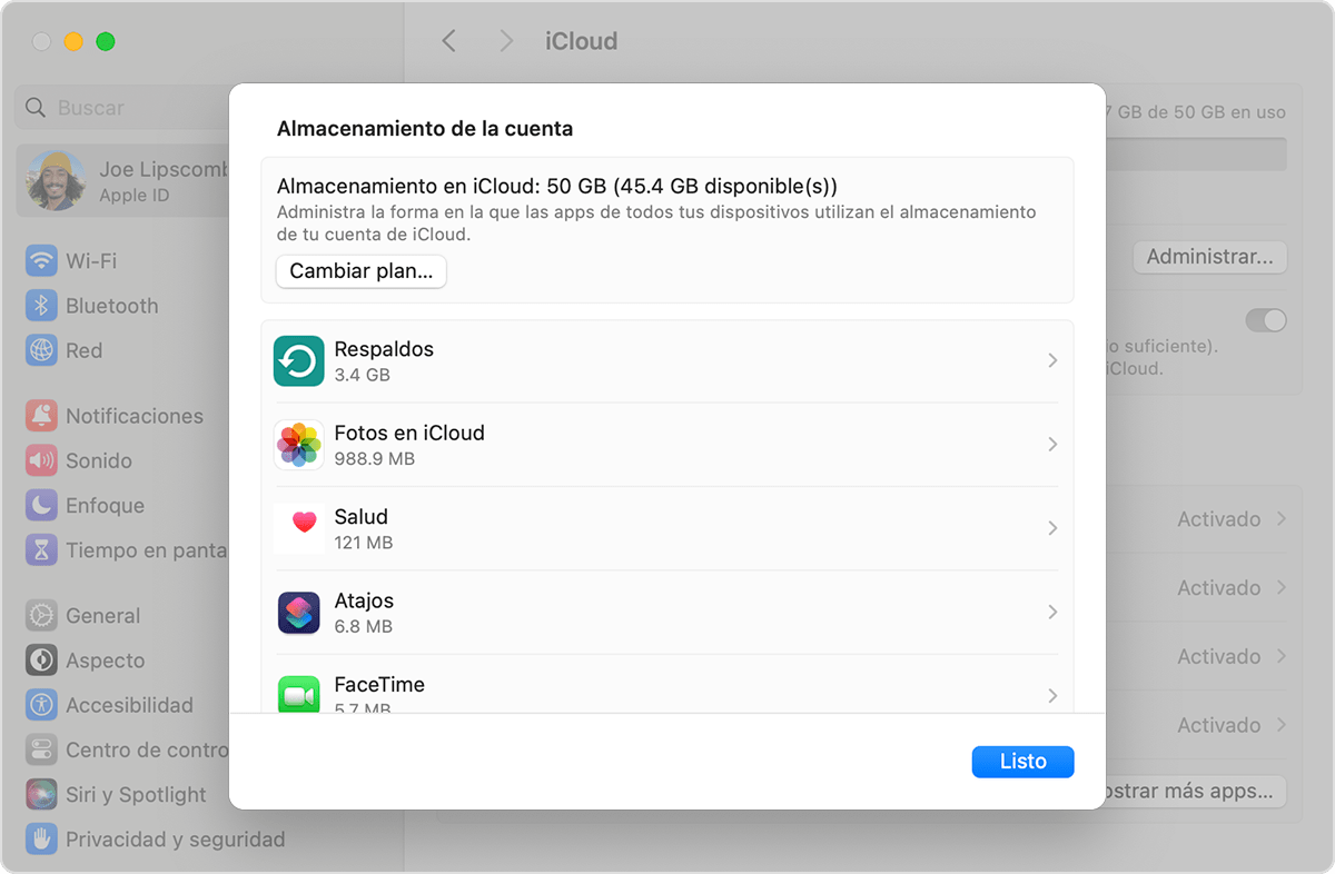 El botón Cambiar plan de almacenamiento se encuentra debajo del plan de almacenamiento de iCloud y el almacenamiento disponible.