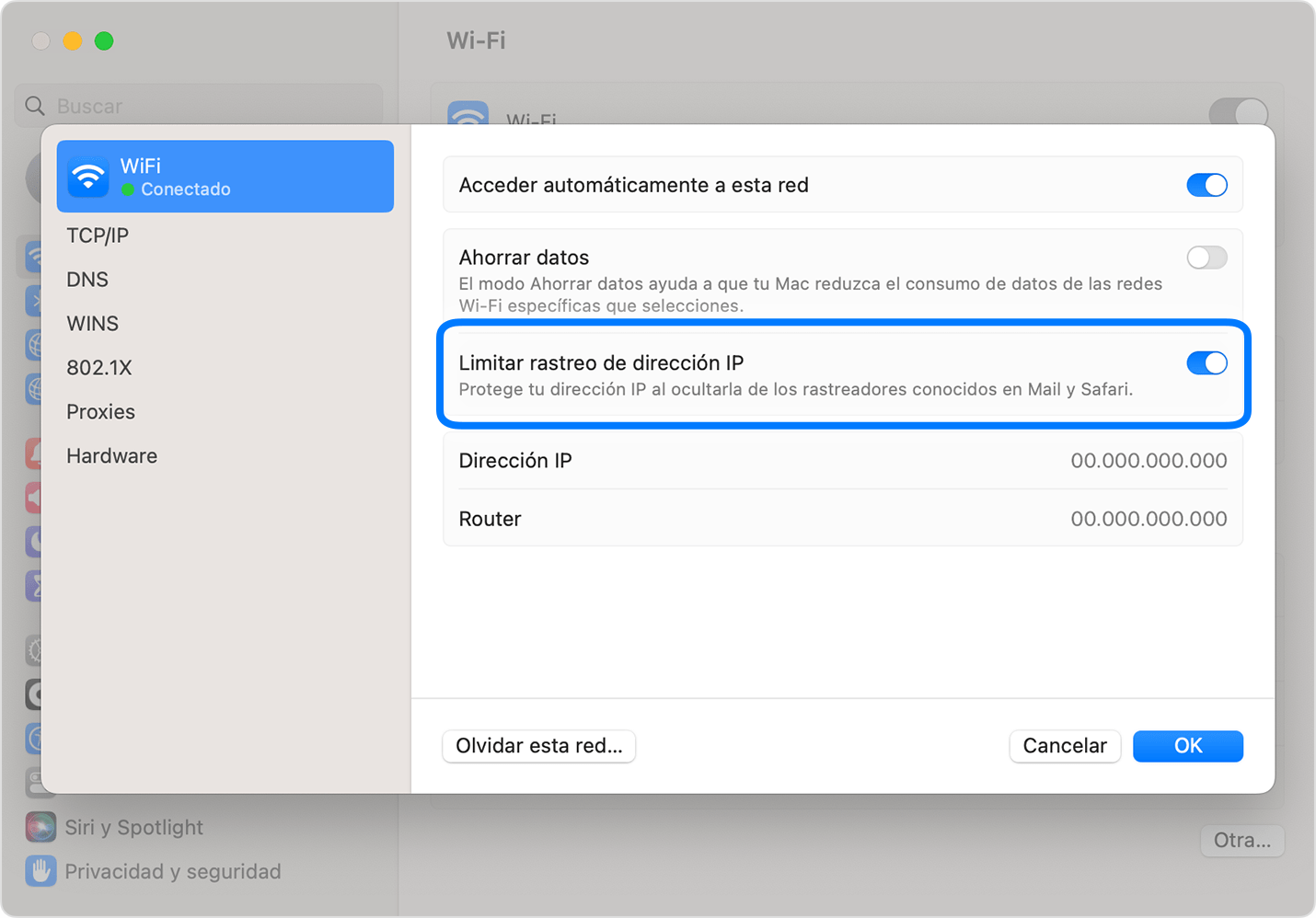 Desactivar la Retransmisión privada para una red Wi-Fi específica en la Mac